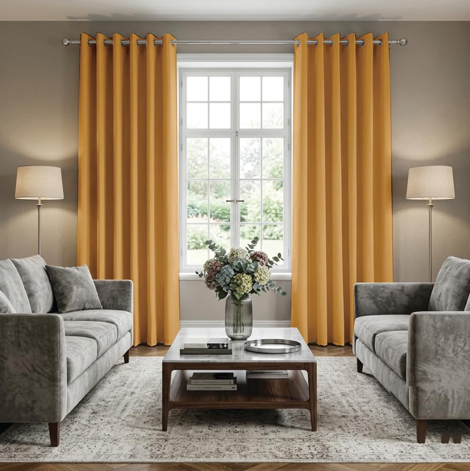 Ev Dekor® Thermal Blackout Curtains for Bedroom,EVCRTN01 Offices, Hotels Windows 46"(116cm) Wide X 90"(228cm) Long, Ochre - 2 Panels with Tie Backs