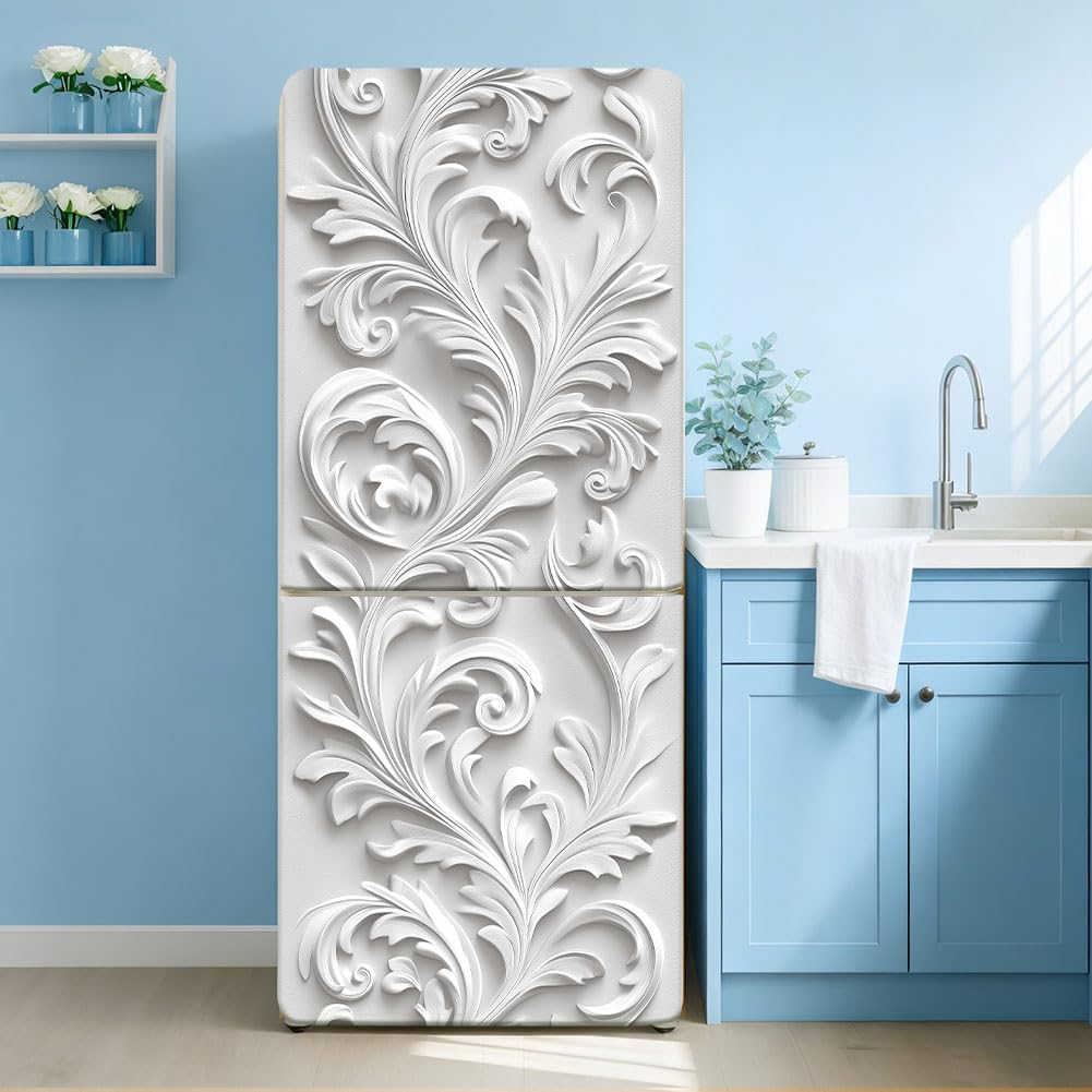 2 pezzi bianco goffrato motivi rimovibili Frigorifero Wraps, autoadesivo Frigorifero Porta Murale Frigorifero Congelatori Pannello Adesivo per Cucina Bar Decor 41,5 x 200 cm