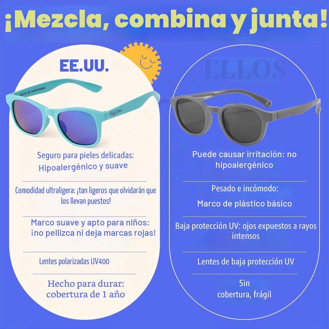 BABY SUNNIES Gafas de sol flexibles para niños de 3 a 8 años, con protección UV al 100% y diseño irrompible