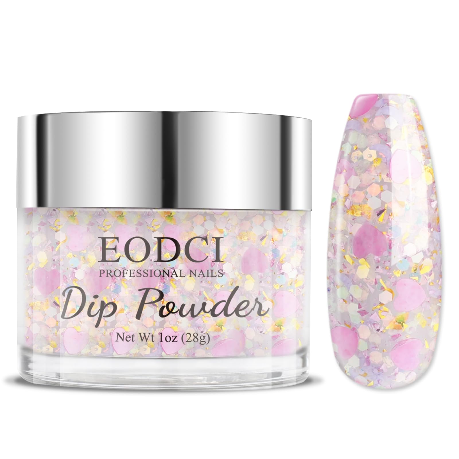 EODCI Nail Dip Powder Colors, Heart-Shaped Glitter Pink Color Dipping Powder - Nail Art Starter Manicure DIY No Needed Nail Lamp Curing Nail Color for
