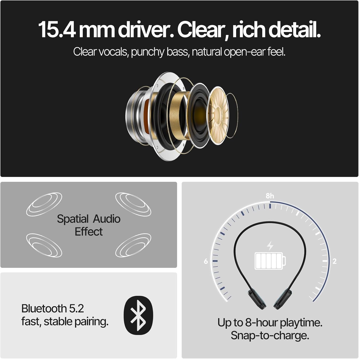 Open Ear Bluetooth Headphones Air Conduction Neckband – ENC Clear Calls, All-Day Battery, Glasses-Friendly, Sweat-Resistant, Bluetooth 5.2 for Work & Sports