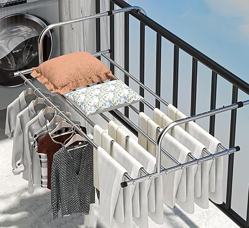 物干しラック ベランダ用物干し 室内 屋外 物干し台 伸縮 花台 引っ掛けタイプ 乾燥ラック 折りたたみ式 洗濯干し台 折りたためる 全体ステンレス製 ((伸縮モデル)長さ68〜120cm)