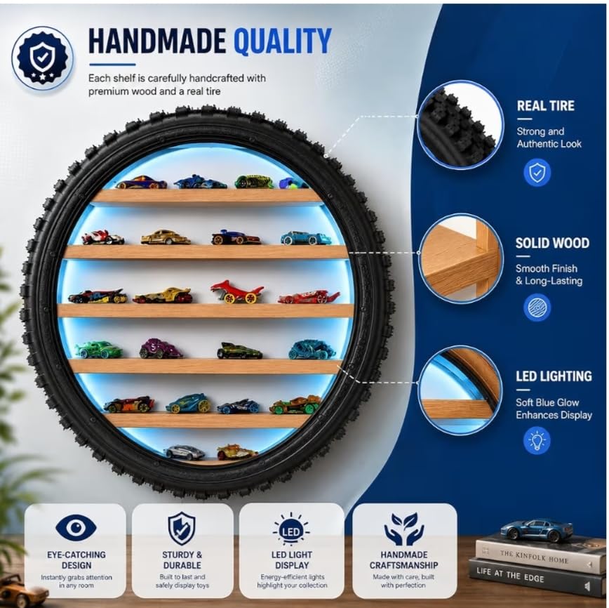 Image of Wooden Wall Shelf Display Rack for 1:64 Scale Die-Cast Cars, Blue