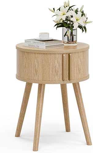 Miniatura 3 de Side Table with Sliding Door & Cabinet, End Table for Living Room, Night Stand for Bedroom, Modern Bedside Table with Solid Wood Legs, Natural