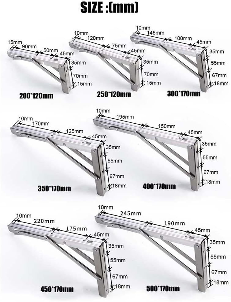 Folding Shelf Brackets, Heavy Duty Wall Mounted Foldable Shelf Bracket Polished Stainless Steel Foldable K Type Shelf Brackets with Short Release Arm(2 Pack)