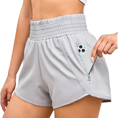 Athletic Shorts for Women Elastic High Waisted Running Shorts with Zipper Pocket Comfy Casual Gym Workout Shorts with Liner