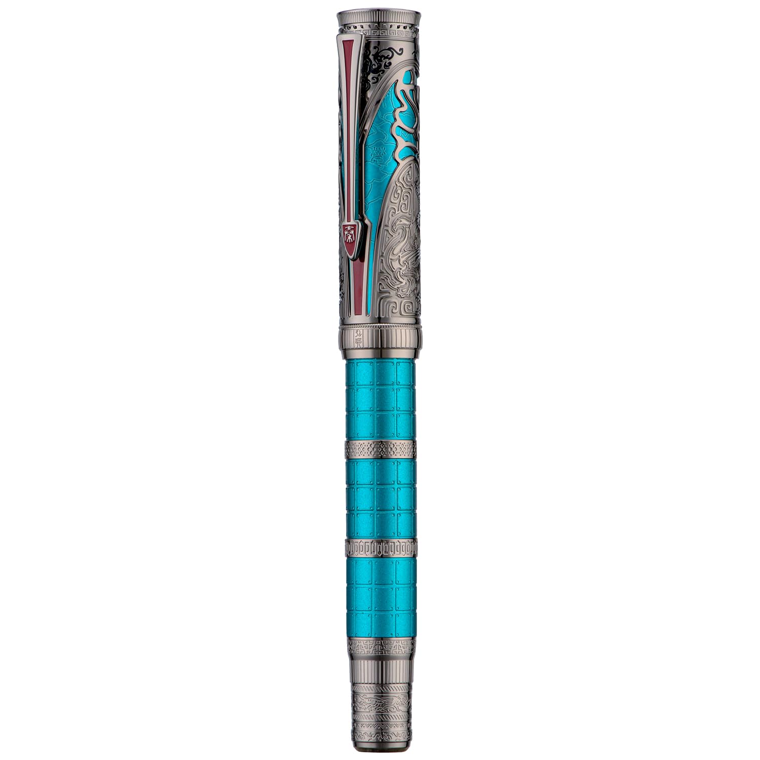Hongdian D5X Fountain Pen Turquoise Color Fine Nib, Qin Dynasty Retro Chinese Totem Engraving Smooth Writing Pen with Converter and Pen Box Set - Image 2