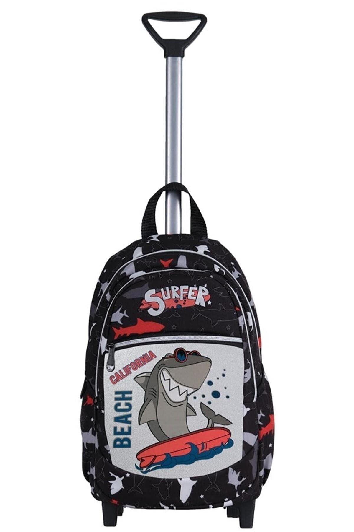 TahTicMer Anaokulu Çocuk çekçekli Valiz Sırt Çantası Çekçekli Erkek çocuk 2in1 Köpek Balığı Model ön Yüzey 5D Boyutlu Siyah