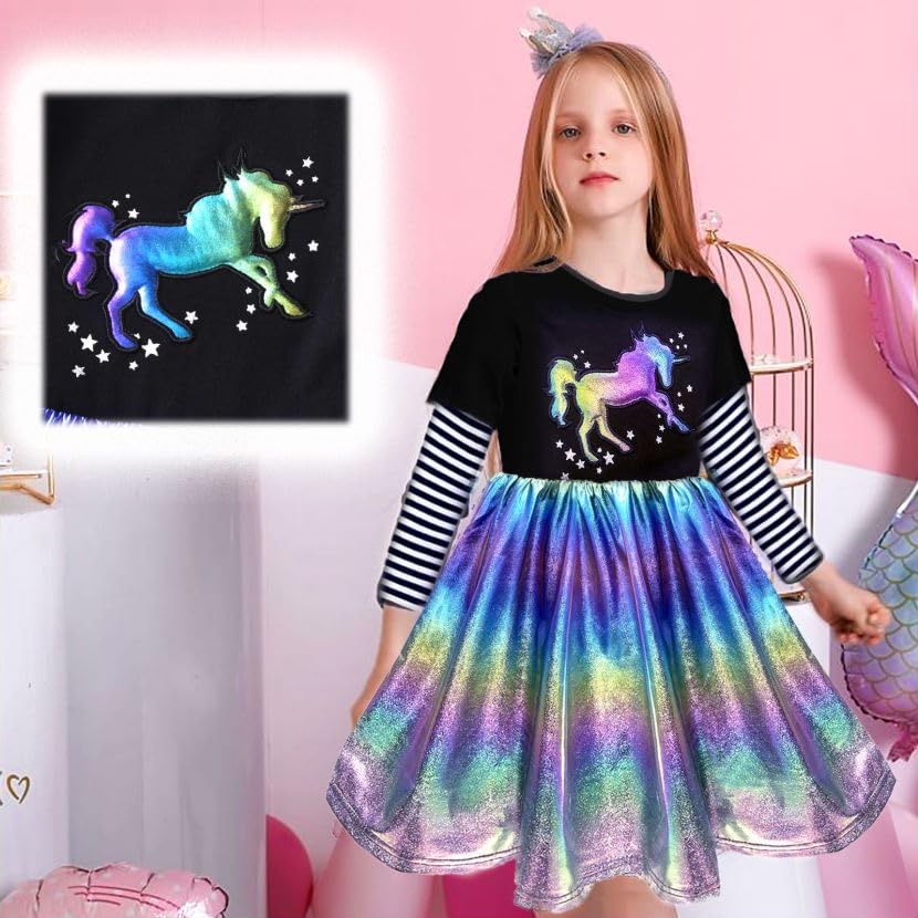 VIKITA Girls Dresses Black Winter Clothes Sparkling Long Sleeve Outfits for Little Kids 2-12 Years Birthday Gifts3