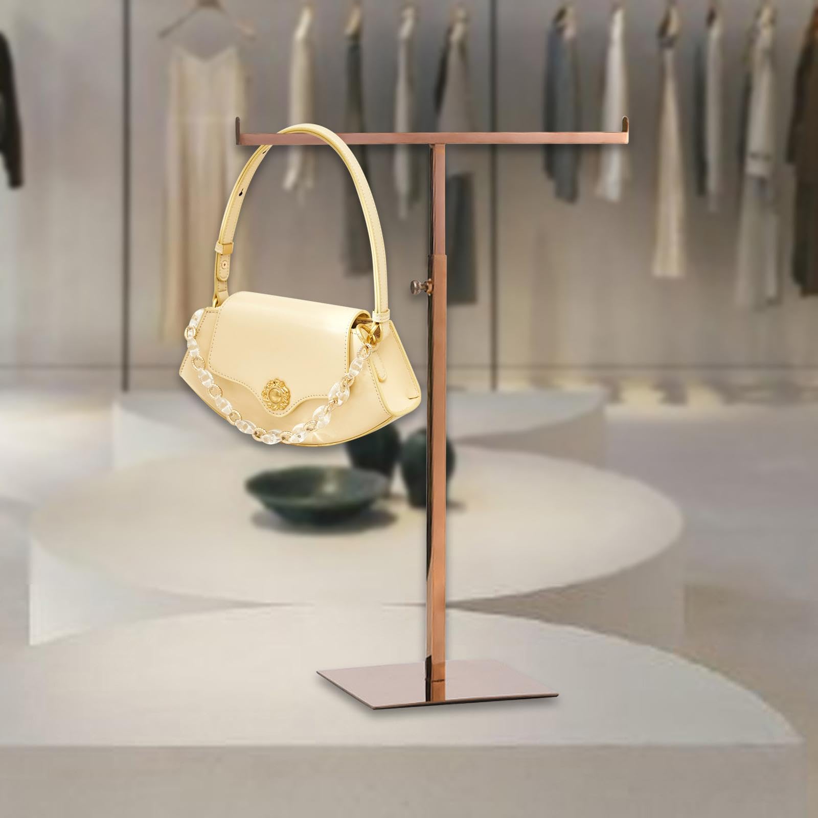 Exhibidor para Bolsos Soporte de Exhibición para Bolsos Gancho Doble Regulable Organizador de Collares Acero Resistente Adecuado para Boutique Hogar, Espejo Oro Rosa, Individual