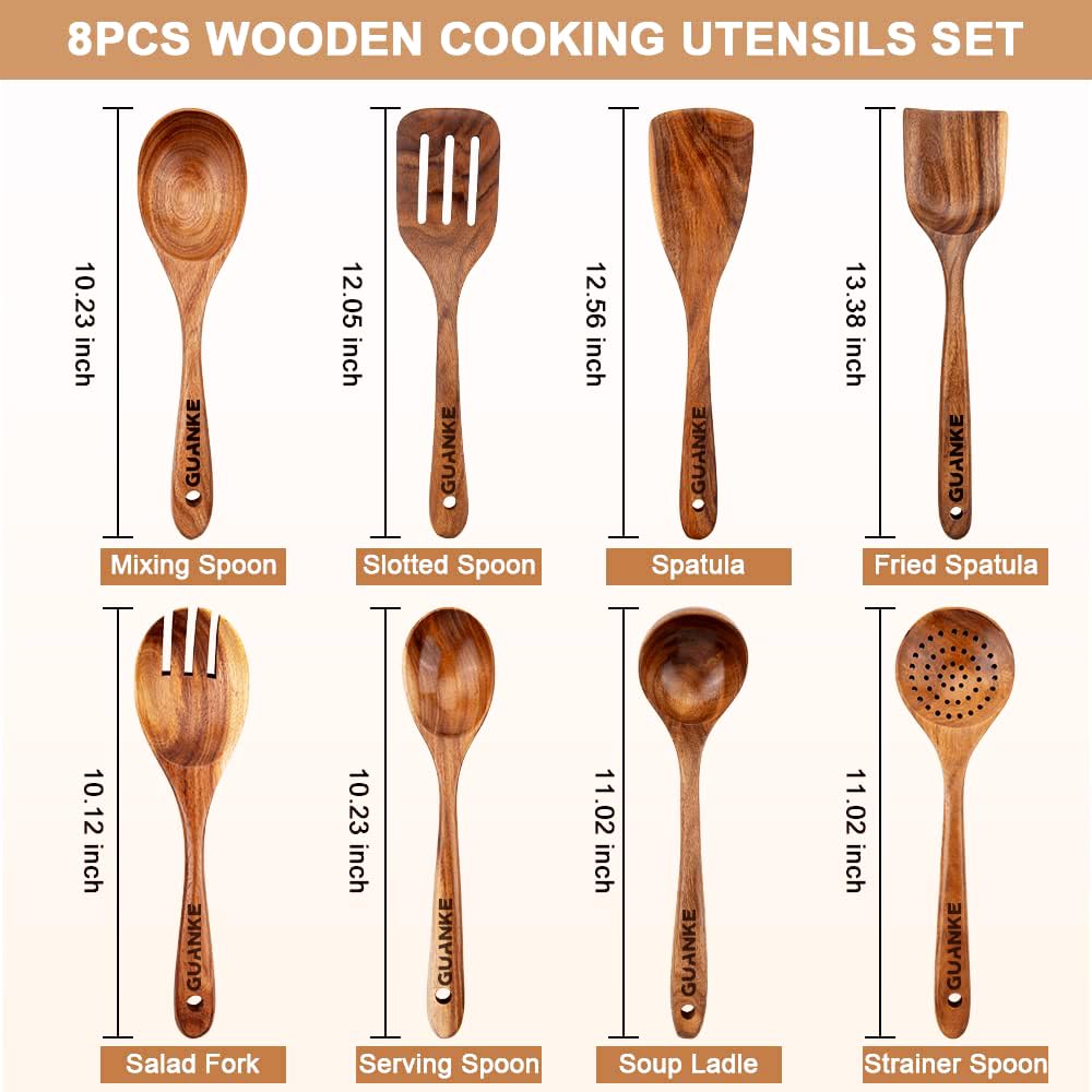 GUANKE Cucharas de madera para cocinar, juego de utensilios de cocina de madera de teca con soporte y soporte para cucharas, cucharas de madera lisa, utensilios de cocina antiadherentes, cucharas de