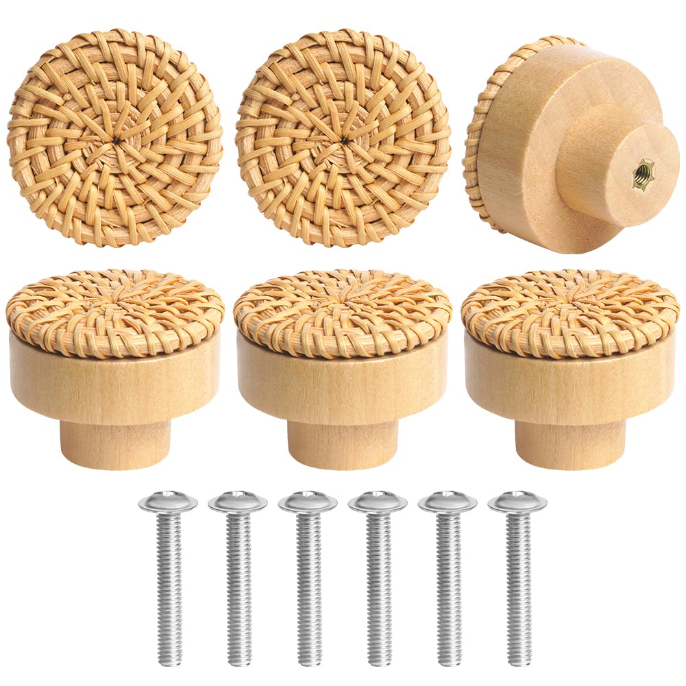 Ainiv 6 PCS Wooden Cabinet Knobs, Round Boho Rattan Drawer Knobs, Vintage Drawer Handles for Home Decor Cupboard, Wardrobe