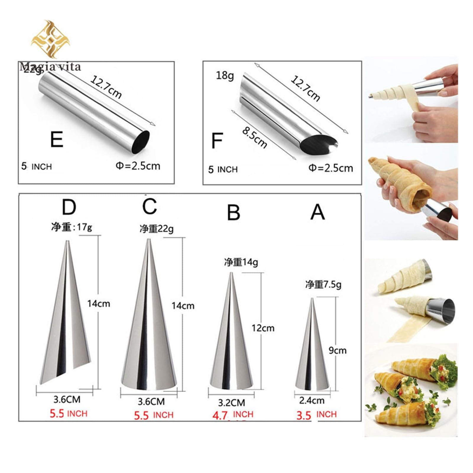 6 uds tubo cónico cono rollo moldes espiral tubos for croissants moldes crema cuerno molde pastelería molde galleta postre cocina herramienta for hornear(6pcs D)