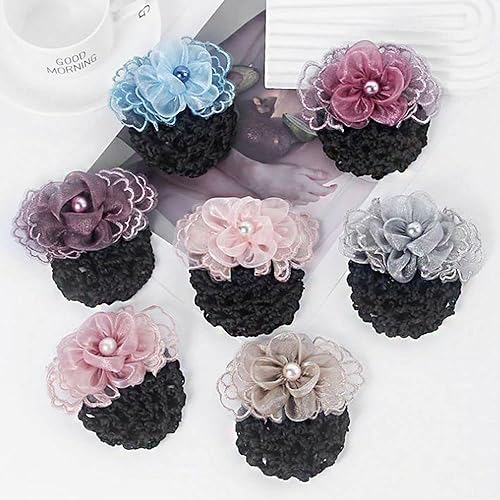 Miniatura 6 de Moño de pelo para mujer, redecilla de red, pasador de pelo con flor de perla, accesorios para el cabello de red gruesa y fina para damas, enfermeras