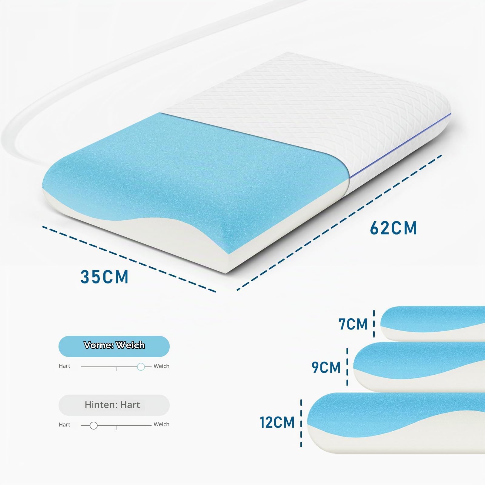ROYGBIV Memory-Schaum Kopfkissen 62x35x7cm - Ergonomisches Allrounder Nackenstützkissen - Atmungsaktiv Hypoallergen Waschbarer Bezug - Oeko-TEX Zertifiziert