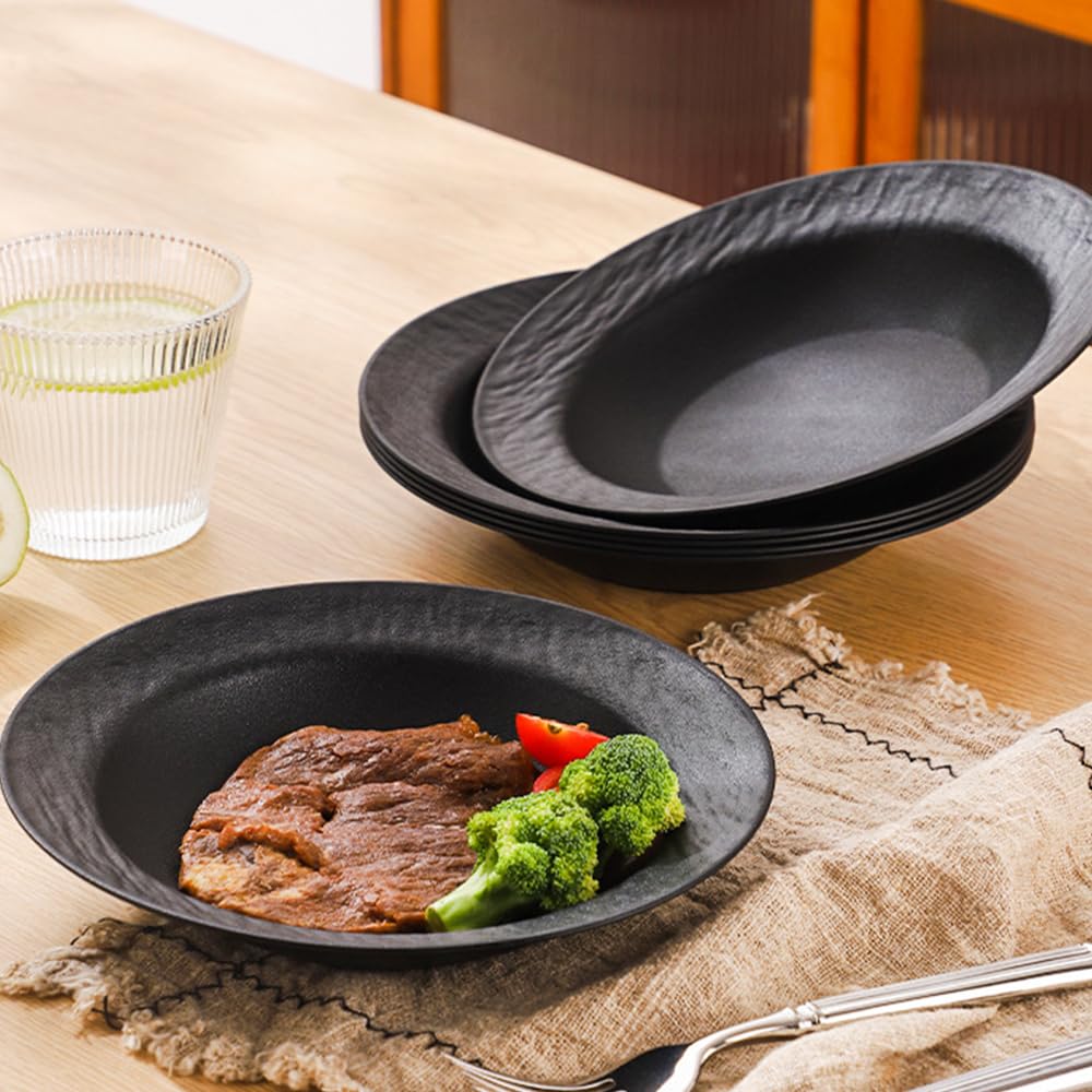 Set da 6 pezzi Piatti da Pasta 22x3,5cm Piatti Fondi in Plastica Riutilizzabili set di Piatti Nero per Pasta, Insalate, Bistecche