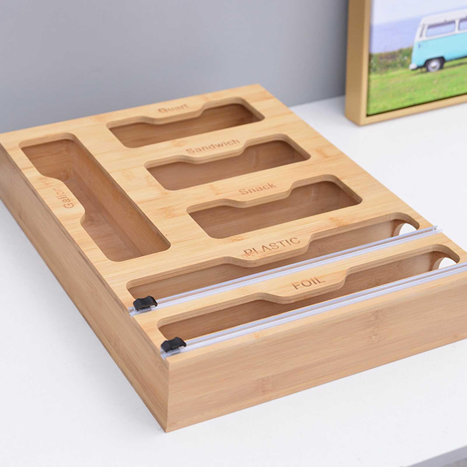 Caja organizadora de bolsas Ziplock para cajones de cocina de bambú, 6 en 1, plástico y envoltura de almacenamiento de alimentos con dispensadores y cortadores para bolsas de galones, cuartos, sándwic