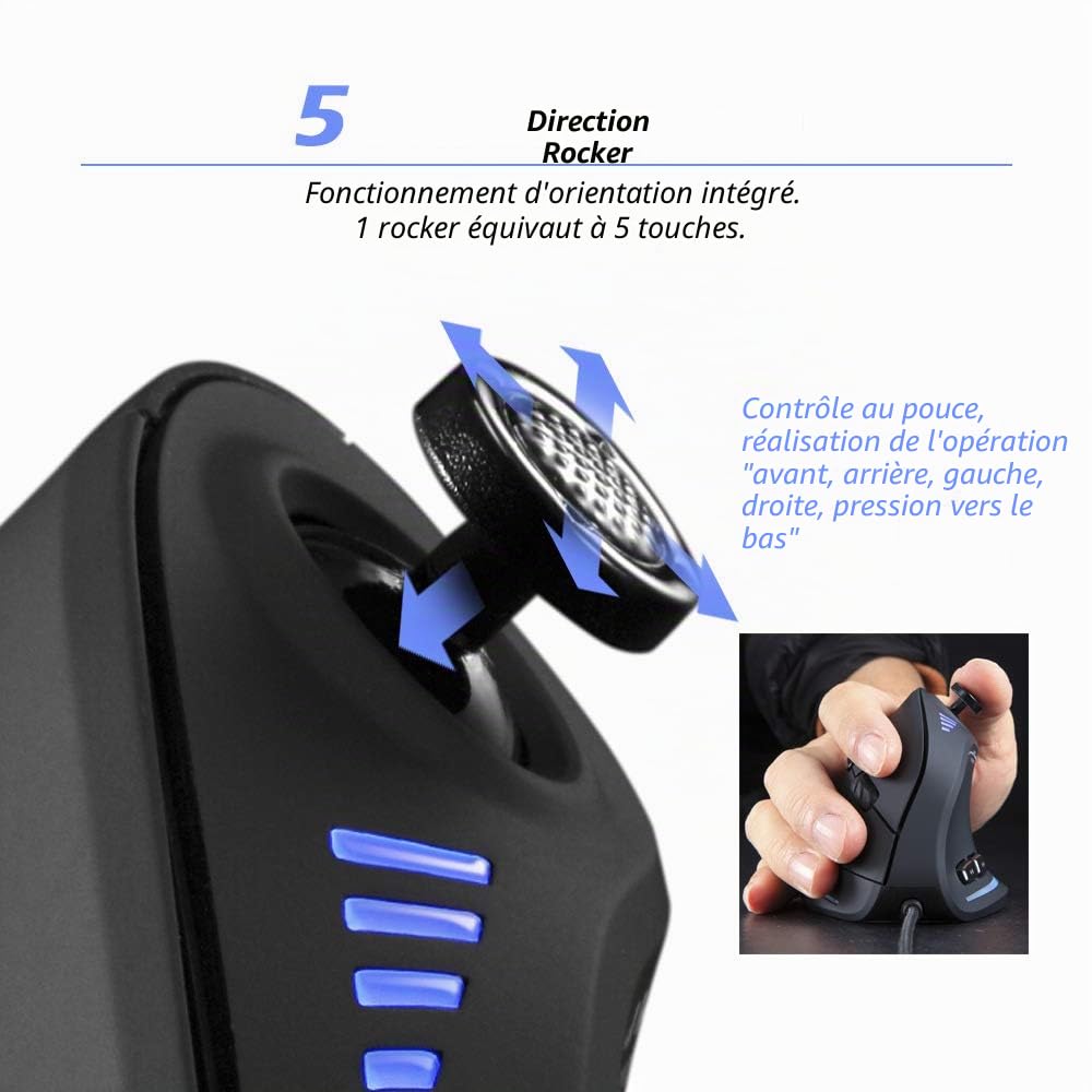 Souris Ergonomique Filaire Verticale Gamer - 10000 DPI Capteur PAW3325, Souris avec Fil Joystick 5 Directions, Mouse 11 Touches Programmables, Anti-Tunnel Carpien pour Jeu FPS/MOBA/MMO/PC/Bureau