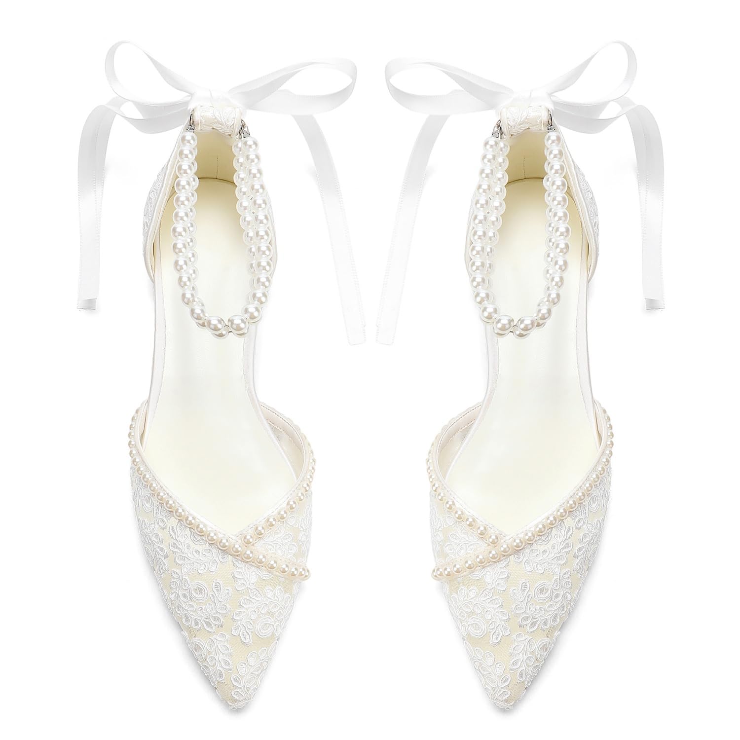 Brautschuhe mit Spitze, für die Braut, spitzer Zehenbereich, Perlen-Hochzeitsschuhe