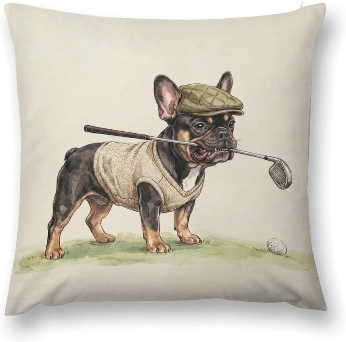Watercolor French Bulldog Golf Pillow Cover 16x16 Inch Set of 2 Cute Funny Frenchie Dog with Knit Sweater Plaid Flat Cap Vintage Pillowcovers for Sofa Couch Living Room Bedroom Home Decor