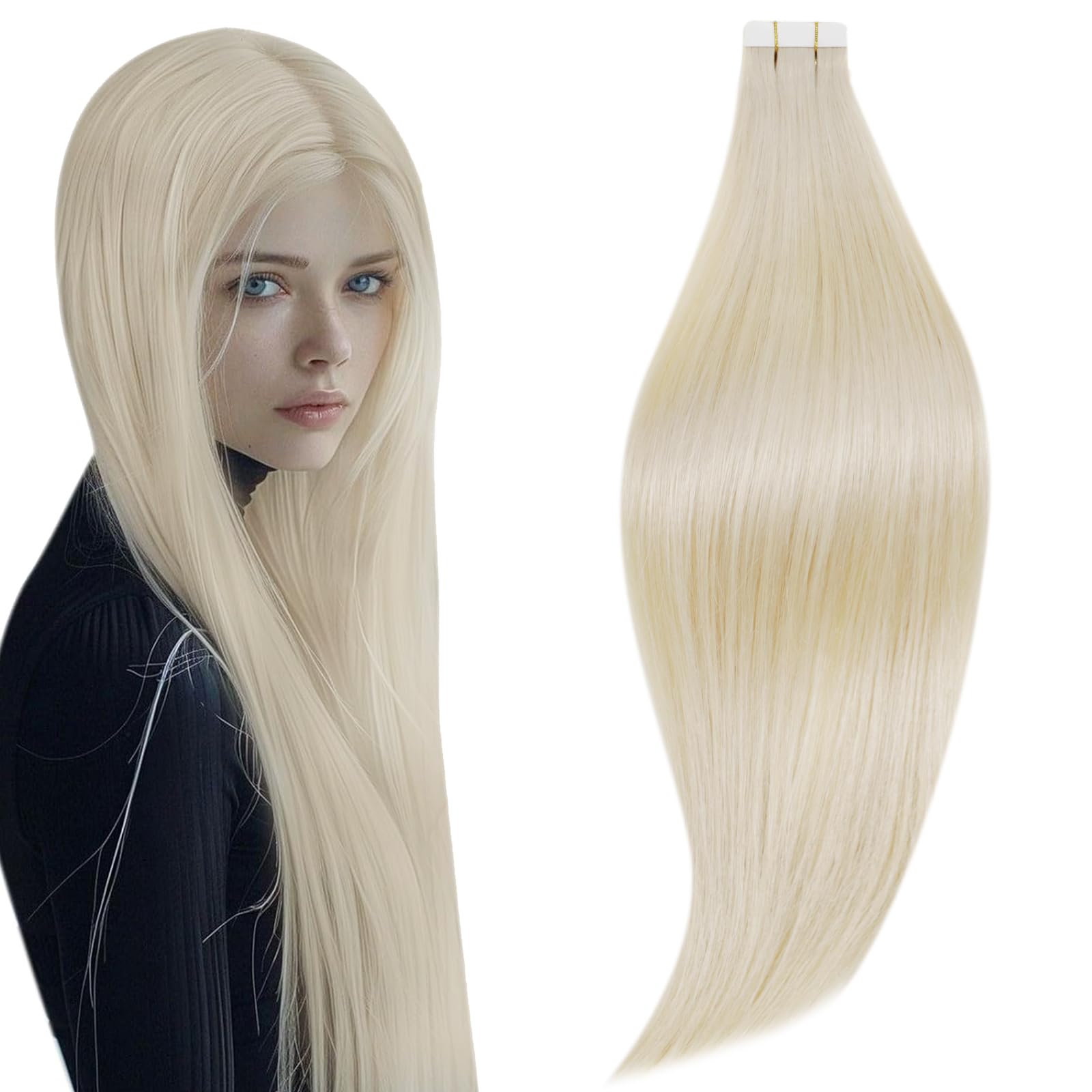 RUNATURE Tape in Hair Extensions Real Human Hair 24 Inch Tape Hair Extensions White Blonde Remy Straight Invisible Tape Hair Blonde 20pcs 50g #800