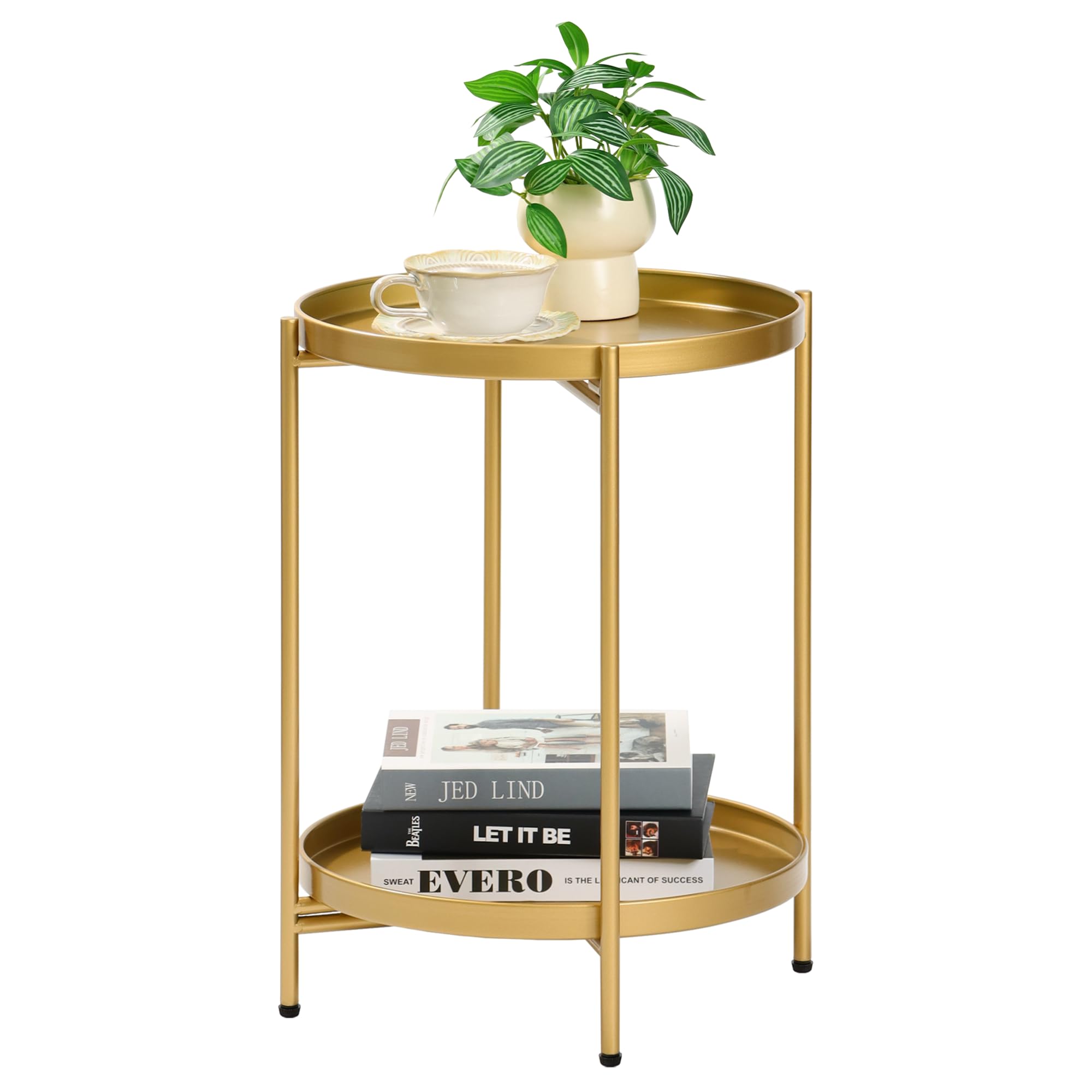 Mordchil EU 2-Tier Round End Side Table, Small Metal Side Table with Removable Tray, Folding Accent Tables for Living Room, Balcony, Nightstand for Bedroom, Outdoor Tables for Patio, Gold