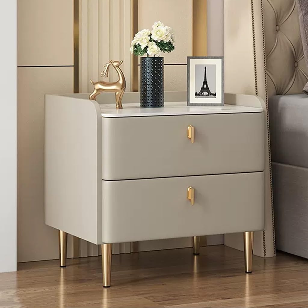 ASerZenith Nightstand Wrapped By Leather,Bedside Table W/Metal Handles And Marble Tabletop,Wood Night Stand 2 Drawer Dresser,Champagne Gray-50Cm
