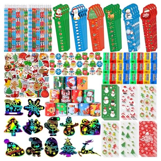 Mepmela Christmas School Stationery Set with Rulers Pencils Erasers Stickers Treat Bags Party Favors for Kids Students Classroom Gift Exchange School Games Prizes Reward Carnival Holiday Gifts