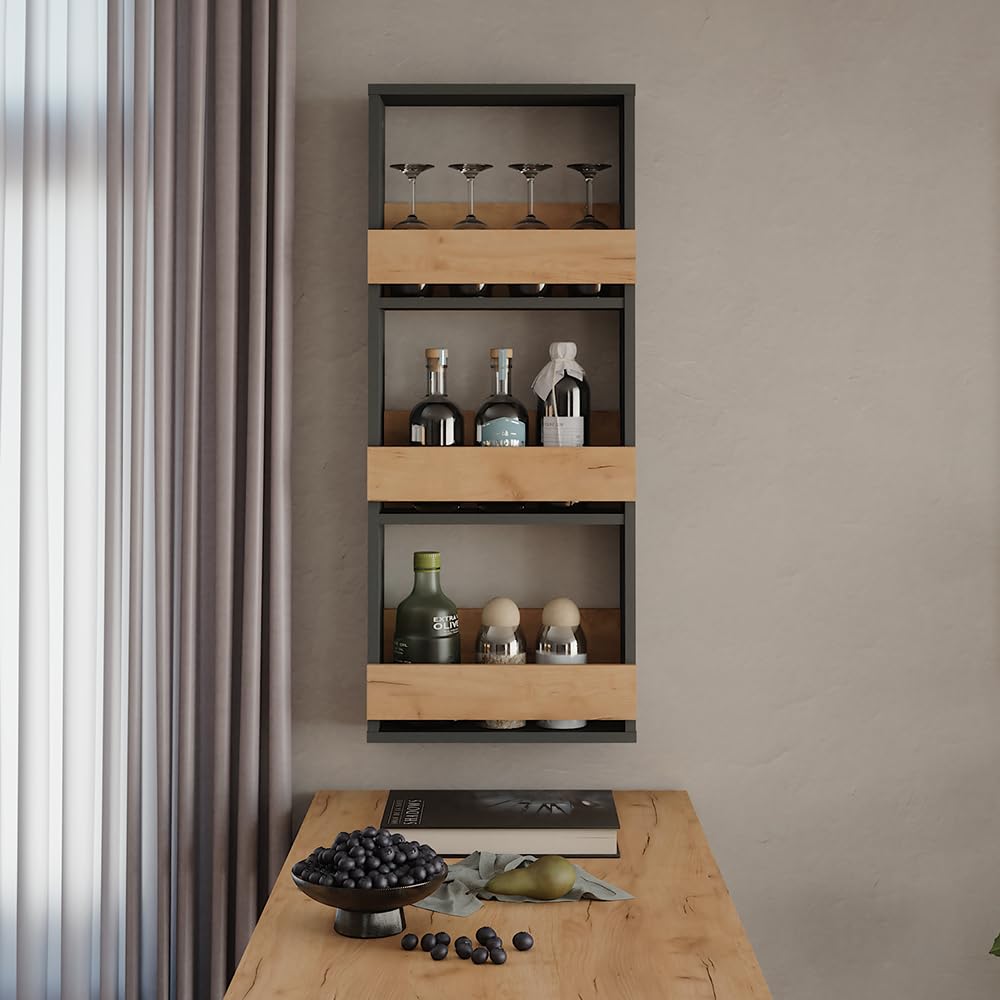 Vicco Scaffale a muro Repose, Rovere dorato/antracite, 40 x 98 cm | per montaggio a parete con supporti per fino a 8 bicchieri da vino