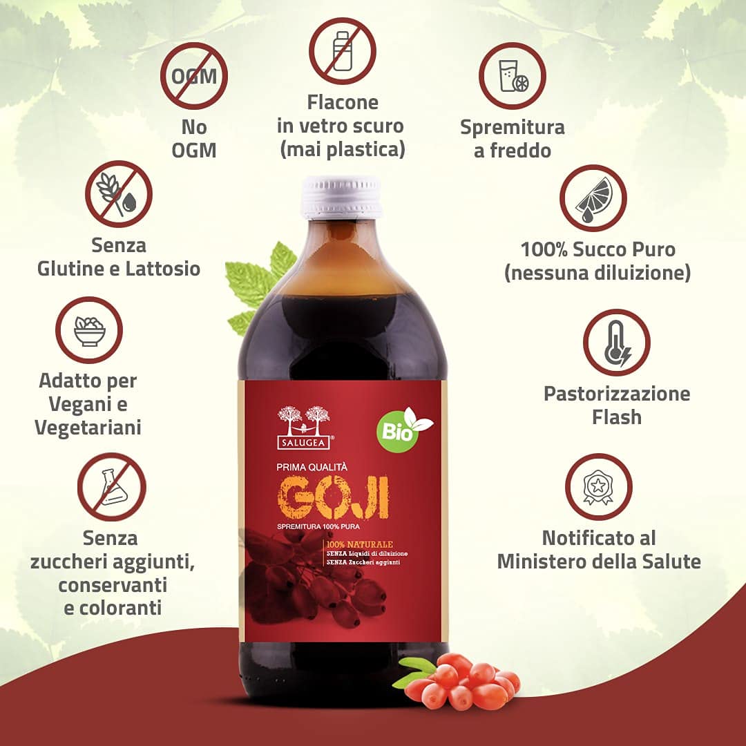 SUCCO DI GOJI BIO Salugea - 100% Puro e Naturale - Integratore energizzante e saziante, ricco di vitamine, sali minerali e aminoacidi - 500 ml - Flacone in vetro scuro farmaceutico