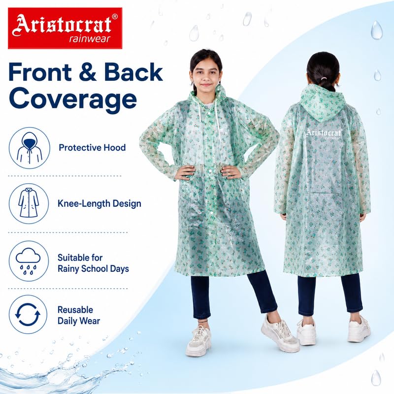 Image of Aristocrat Kids Humpty Dumpty Waterproof Raincoat with Hood | Knee Length Rainwear for Boys & Girls | Regular Fit Rain Jacket with Two Front Pockets | All-Weather Protection Rainwear
