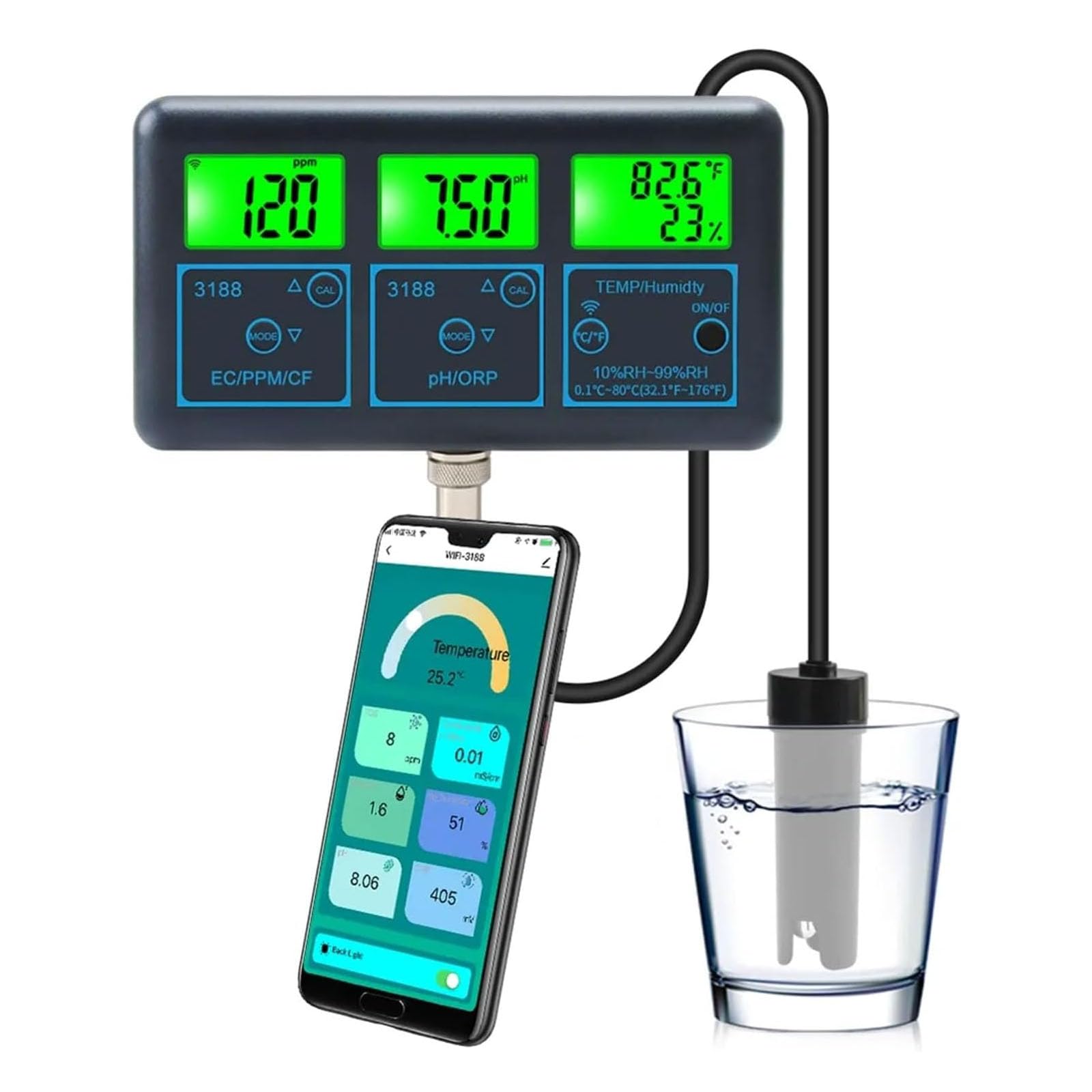 7 in 1 Tester di qualità dell'Acqua, Misuratore Intelligente di Test dell'Acqua con Display LCD App Smart Monitor Connessione WiFi per Piscina Idroponica Acquari Acqua Potabile