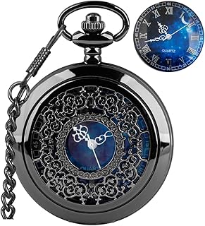 Tiong Pocket Watch Hollow Blue Star Design Roman Numerals Quartz with Chain Christmas Birthday Gifts
