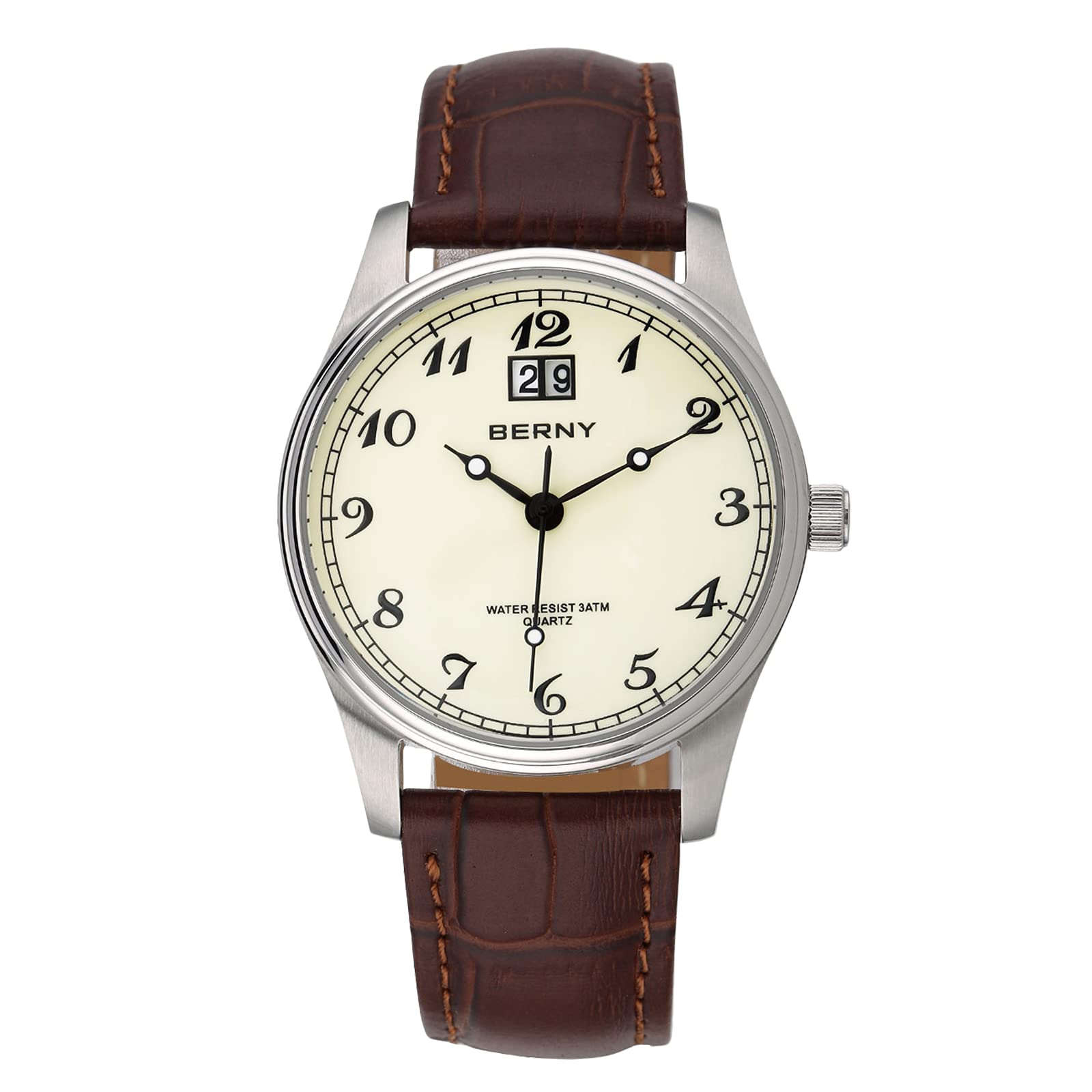 BERNY Watches for Men Ultra Thin Japanese Quartz Movement Business Casual Watch Genuine Leather Strap Waterproof Mens Wrist Watches, Yellow, Quartz Movement (B097DF5TFZ) Amazon Price History, Amazon Price Tracker