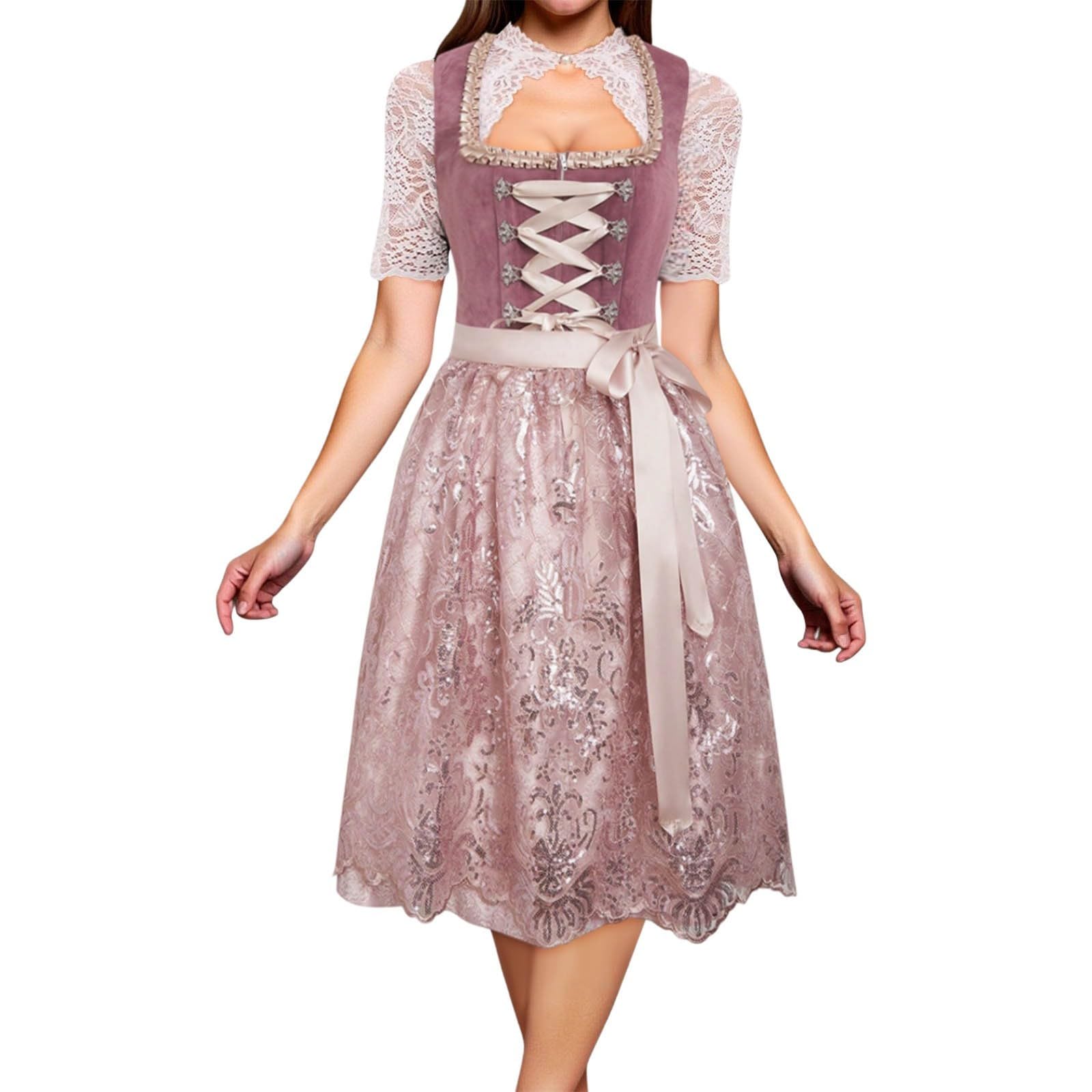Didadihu Dirndl Damen Midi 2 Teilig mit Schürze,Dirndl Trachtenkleid Dirndlkleid Damen für Oktoberfest Wiesn Trachten Outfit