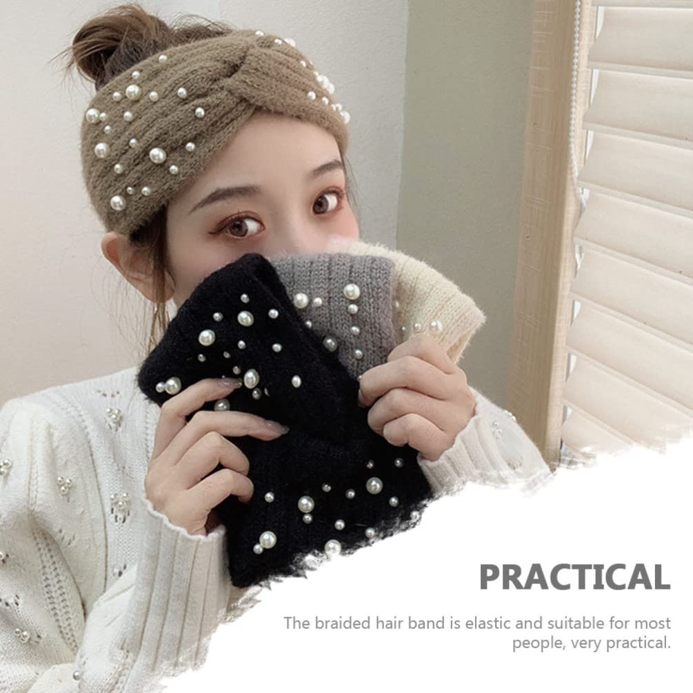 VALICLUD Grey Knitted Headband for Women, Warm Pearl Ear Warmer, Cozy Fleece Hair Band for Ice Skating, Running, Skiing, Outdoor Activities, Stylish Elastic Design, 8.66 X 4.33 X 0.78 Inches