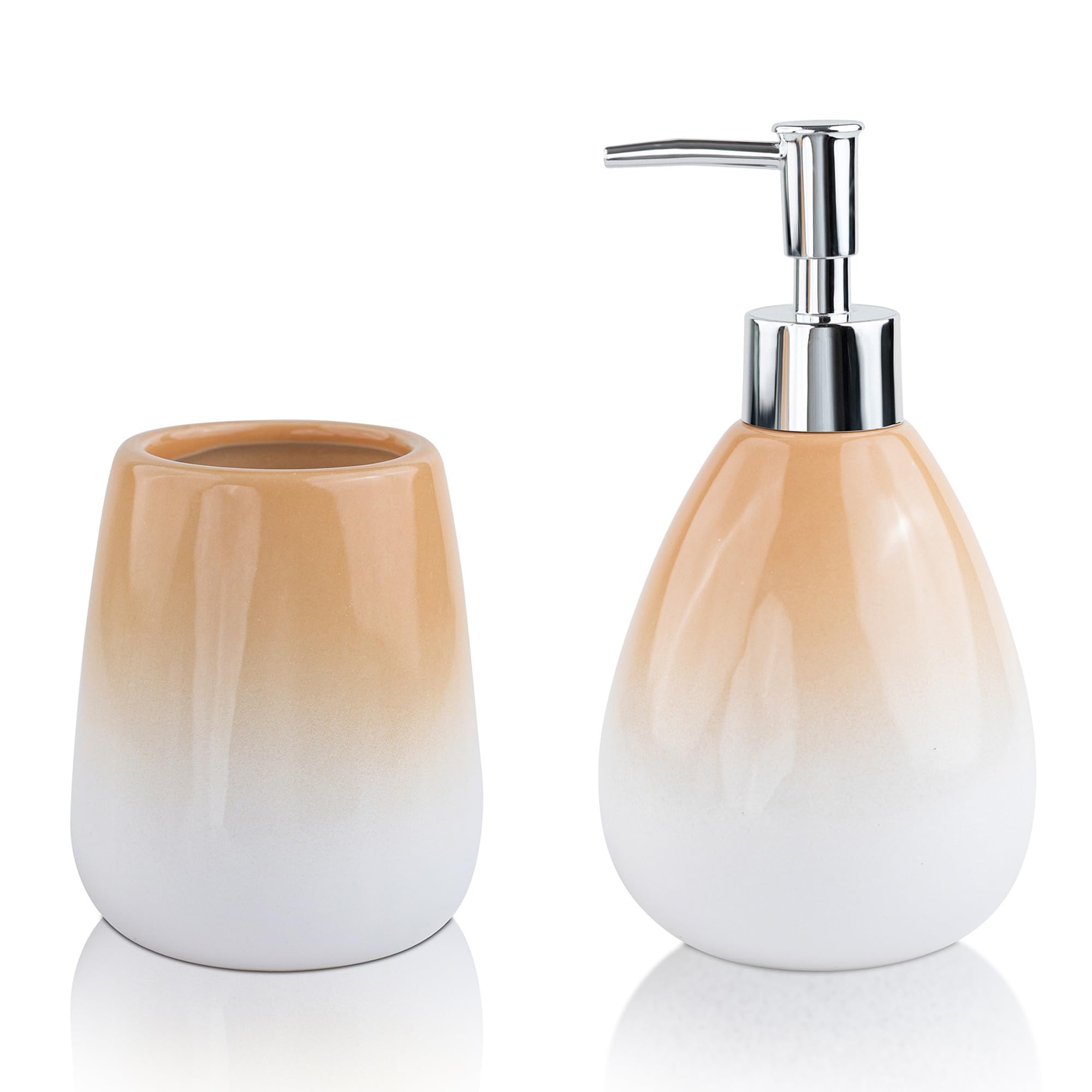 Birch & Co. Ceramic Soap Dispenser For Wash Basin - Handwash Dispenser Bottle - Leak-Proof Design With Silver Glossy BPA-Free Pump, Omra, Peach With Holder,Soapdispenser_Omracombo_Peachholder