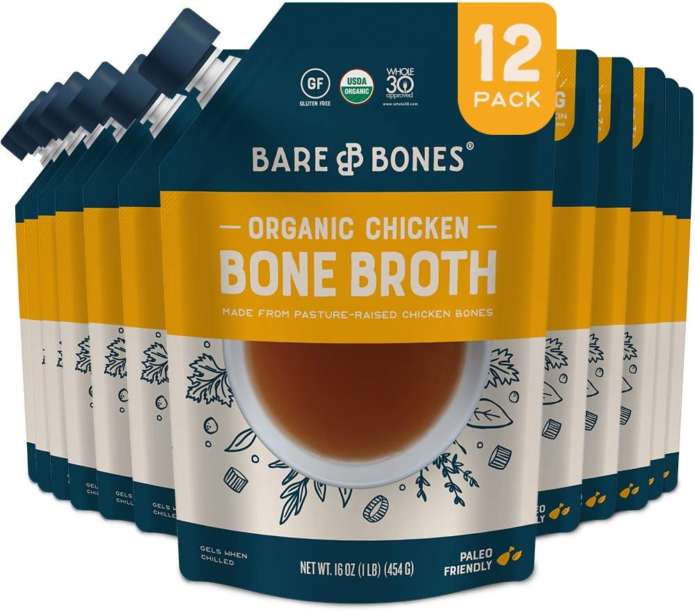 Chicken Bone Broth for Cooking and Sipping, 16 oz, Pack of 12, Pasture Raised, Organic, Protein and Collagen Rich, Keto Friendly