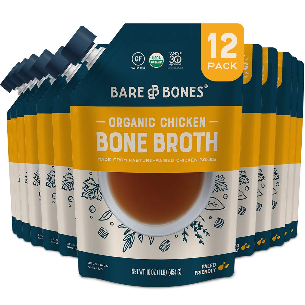 Bare Bones Chicken Bone Broth for Cooking and Sipping, 16 oz, Pack of 12, Pasture Raised, Organic, Protein and Collagen Rich, Keto Friendly