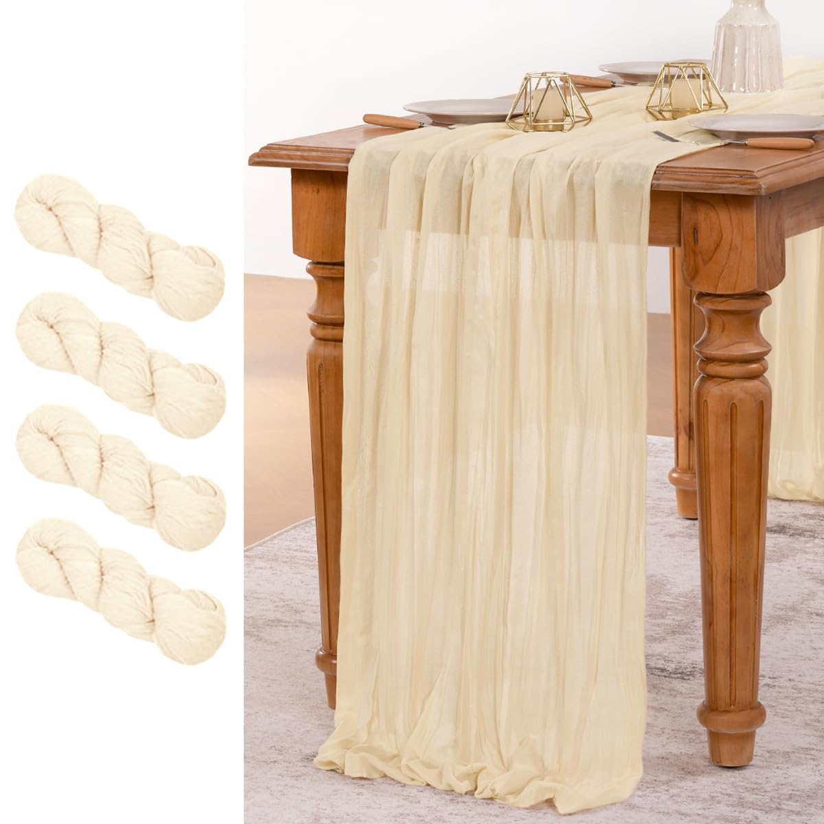 Chemin de table étamine beige 4m pour nappe de mariage et fête lot de 4
