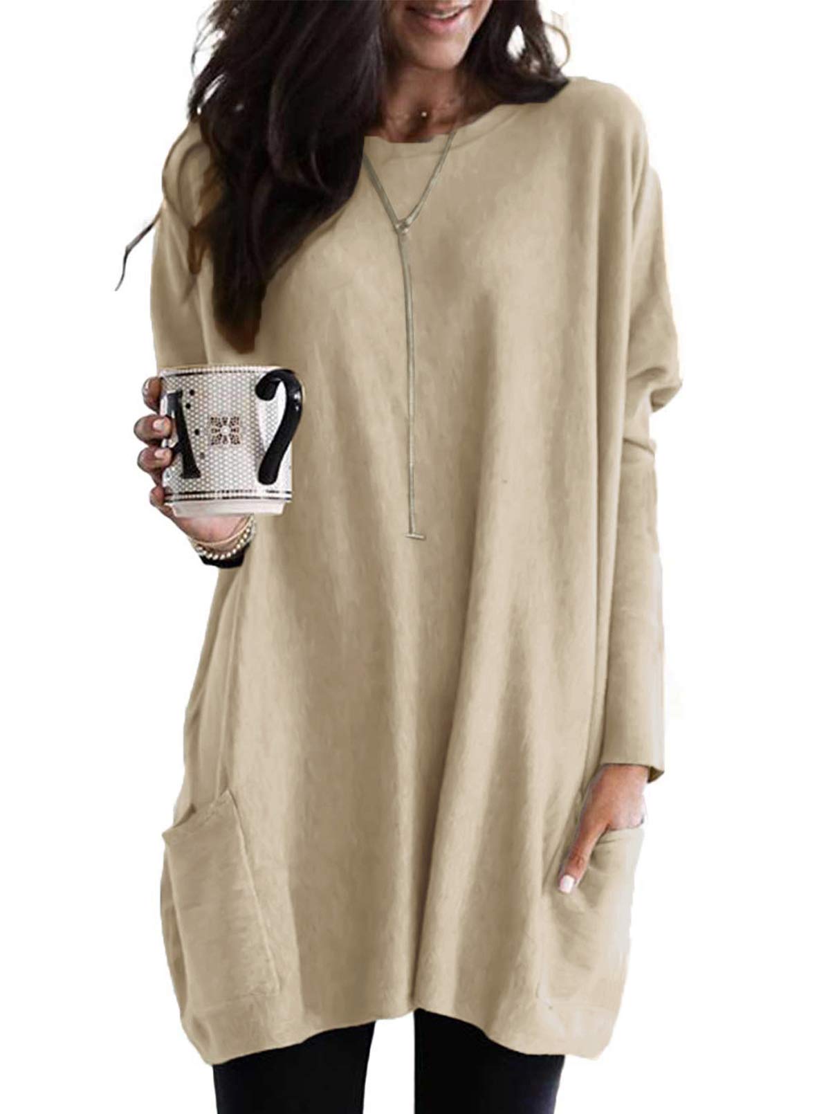 Womens Long Sleeve Crewneck Fall Tunic Tops Loose Fit Solid Long Shirt Blouses with Pockets