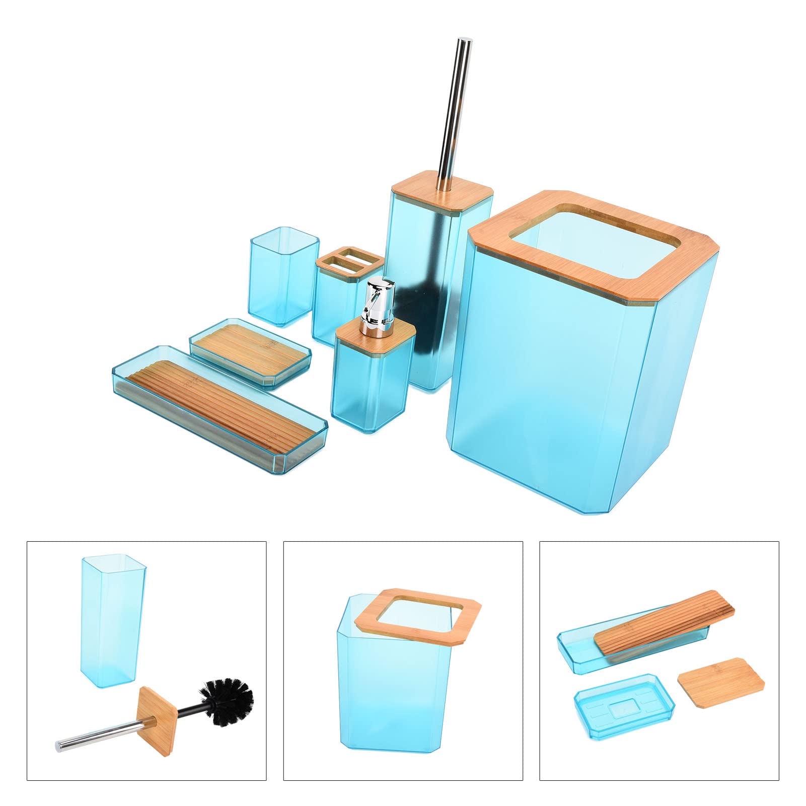 Juego De Accesorios De Baño De 7 Piezas, Juego De Baño De Madera, Soporte Para Cepillo De Dientes, Taza Para Cepillo De Dientes, Dispensador De Jabón, Jabonera, Soporte Para Cepillo De Baño (Blue)