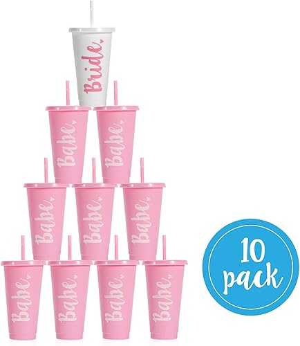 Vista 2 de Pop Fizz Designs Copas de despedida de soltera de Bride & Babe – Paquete de 10 con tapas Copas de dama de honor Suministros y recuerdos