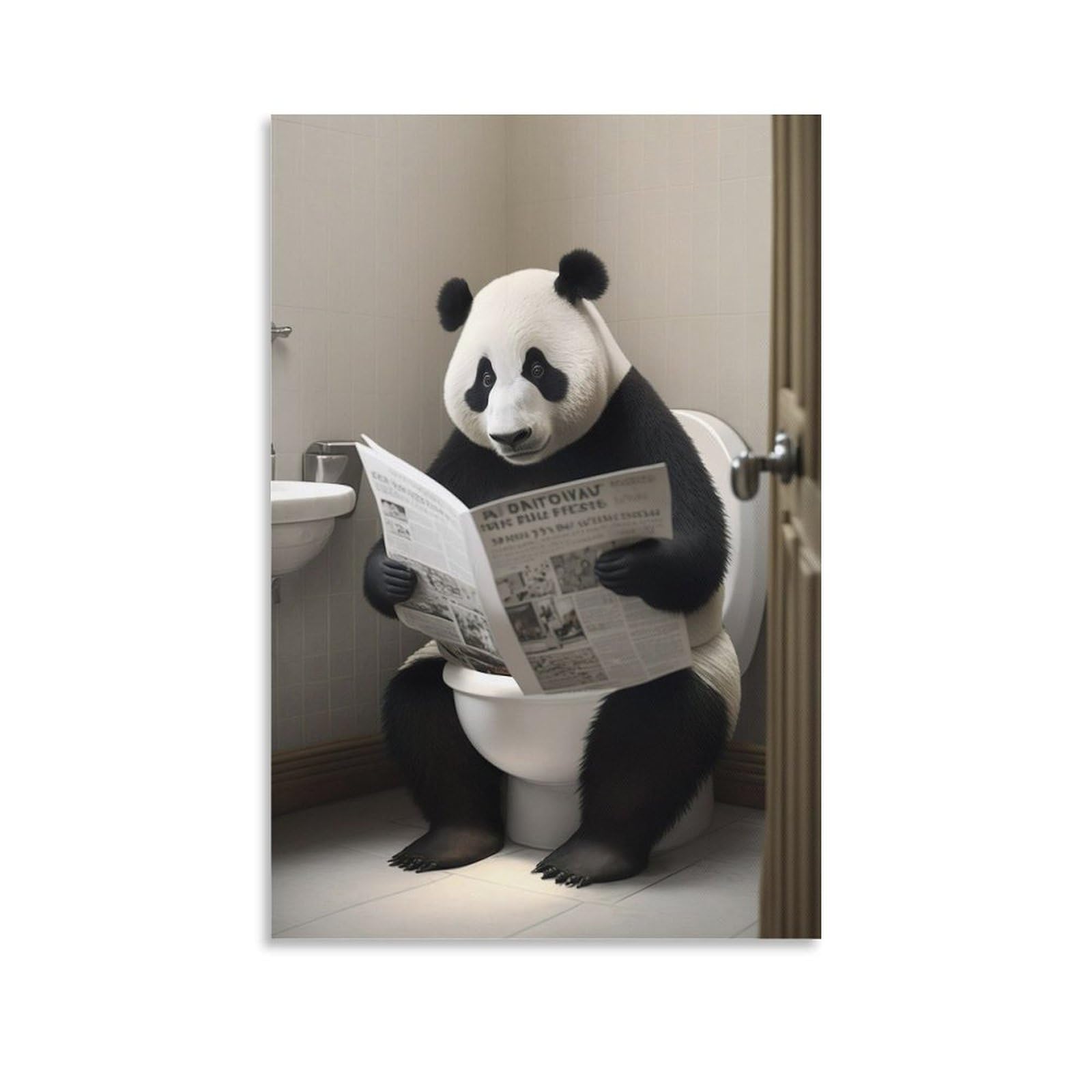 Qzfncoyu Unframe-Style Panda Sitting On Toilet Reading Newspaper Funny Bathroom Humour Poster Vintage Animal Art Poster Canvas Poster Bedroom Decor Landscape Office Room Decor Gift 20X30inch(50X75cm)