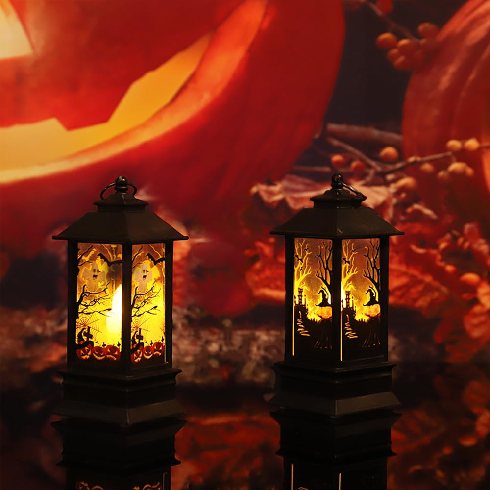 2pcs Halloween Night Lights, Halloween Mini Lantern Decoration, Hangable, Portable Spooky Halloween Lanterns for Indoor and Outdoor Theme Party Decoration (Pumpkin Ghost + Pumpkin Witch)