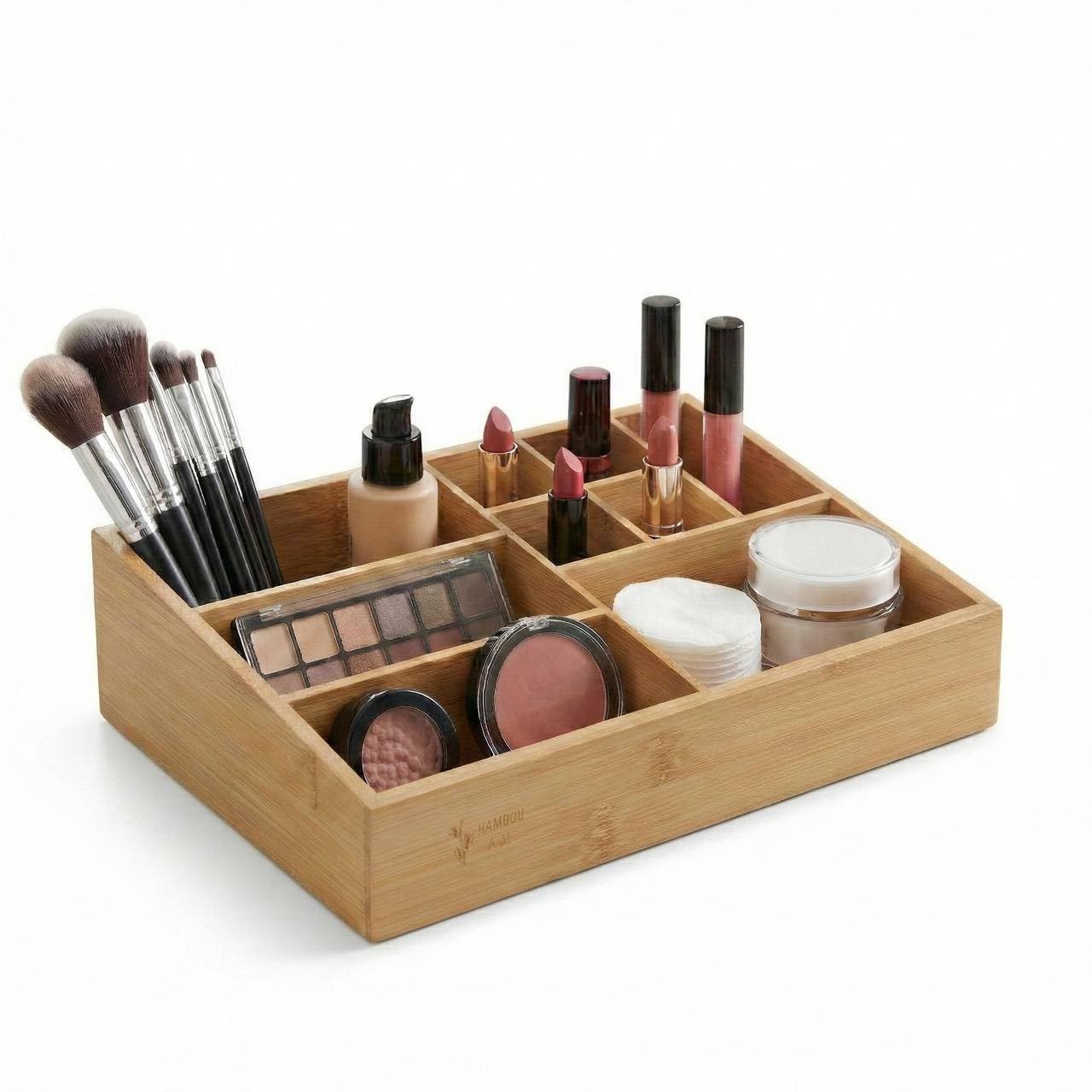 Urbnliving Bamboo Make Up Organiser, Wooden Cosmetic Storage Box With 6/9/12 Compartments, Vanity Skincare & Makeup Holder For Bathroom Bedroom Dressing Table