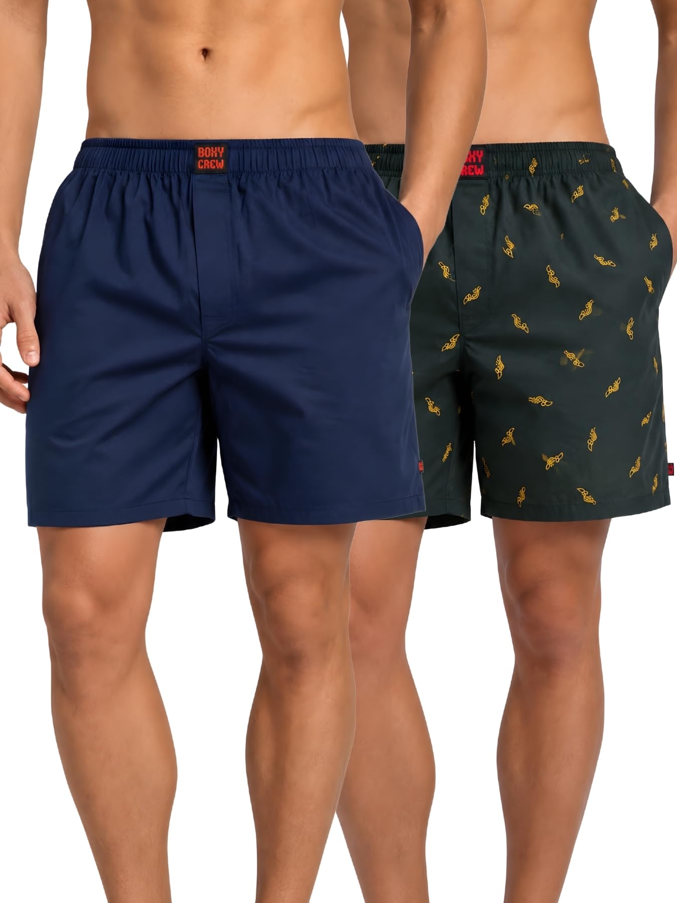 boxy crew Men Boxer Shorts Pack of 2, 100% Cotton Woven Boxers, Navy Blue & Dark Teal, Solid & Printed Designs, Dual Side Pockets, No-Marks Inner Elastic Waistband, Relaxed Lounge & Sleep Shorts-picture-10