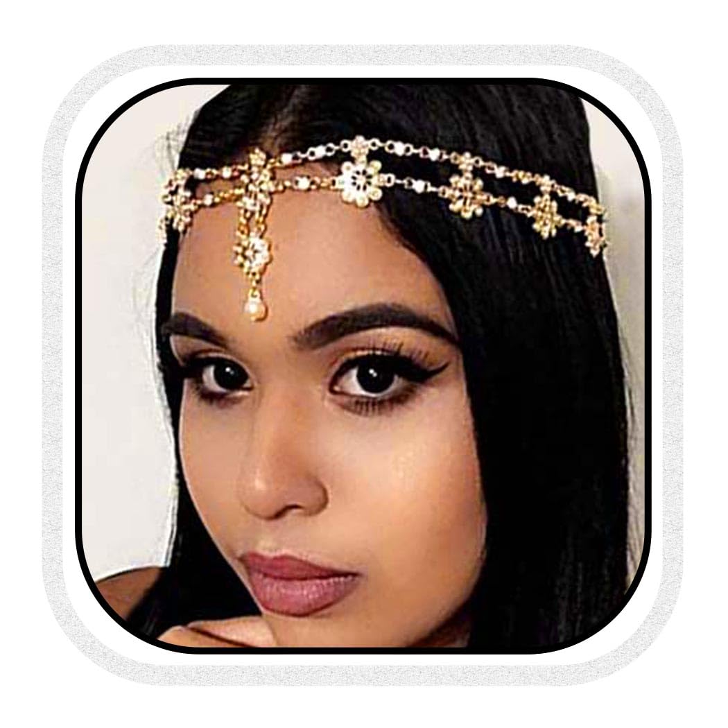 FashbandBoho Layered Head Chain Gold Flower Headpiece Vintage Festival Hair Accessories Pearl Pendant Bridal Wedding Hair Chain Jewelry for Women and Girls