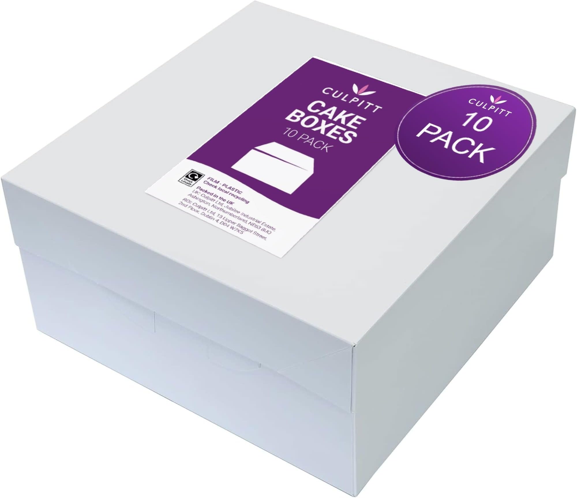 Culpitt 10" White Cake Box With Glued Lid, 10 Pack, 25.4cm X 15.2cm, Rigid Transport, Storage, And Protection For Birthday, Wedding, And Celebration Bakes, Cake Boxes