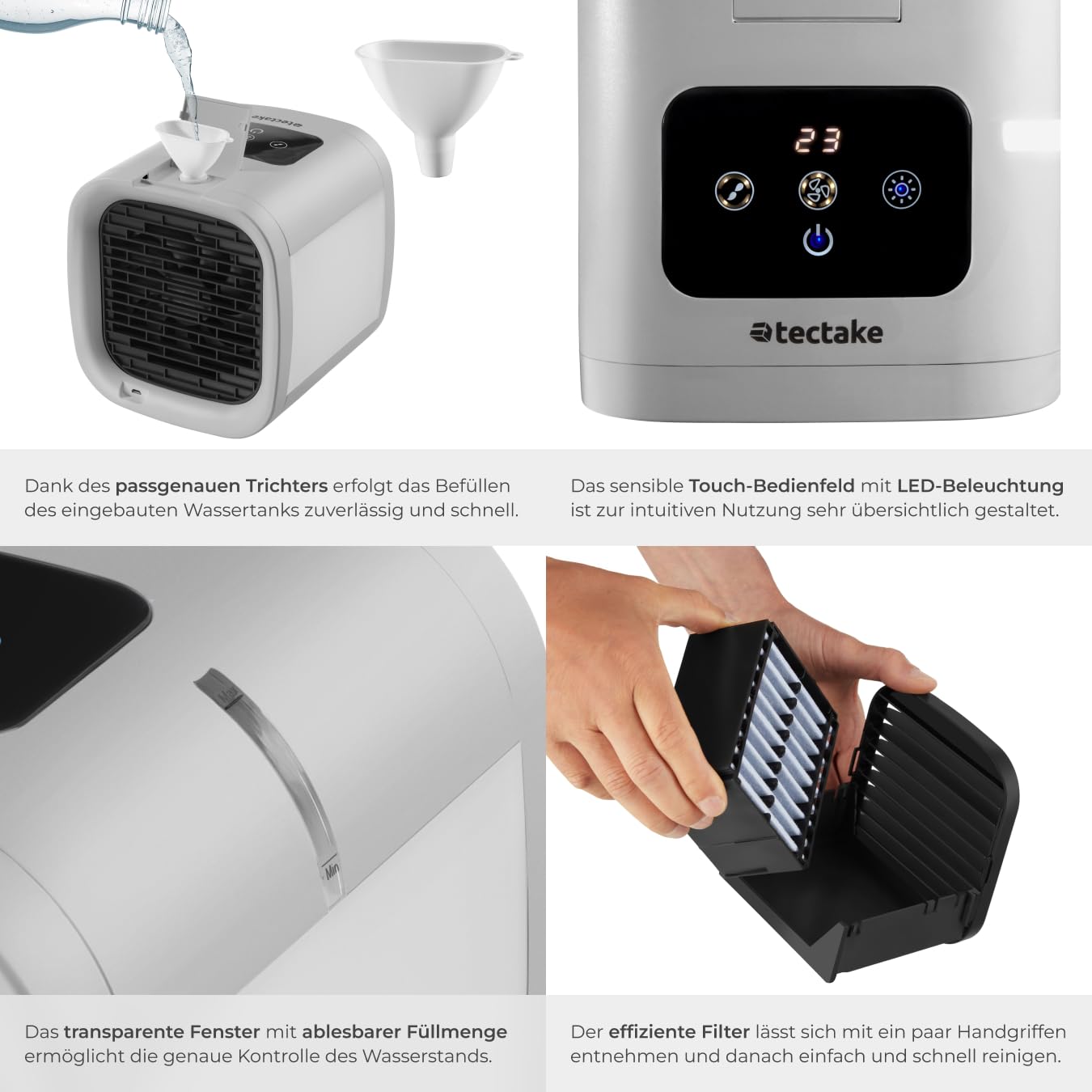 tectake® Luftkühler mit LED, mobile Klimaanlage ohne Abluftschlauch, Ventilator mit Wasserkühlung, Klimagerät, Air Conditioner, Tischventilator und Luftbefeuchter in einem, Mini Klimaanlage - grau